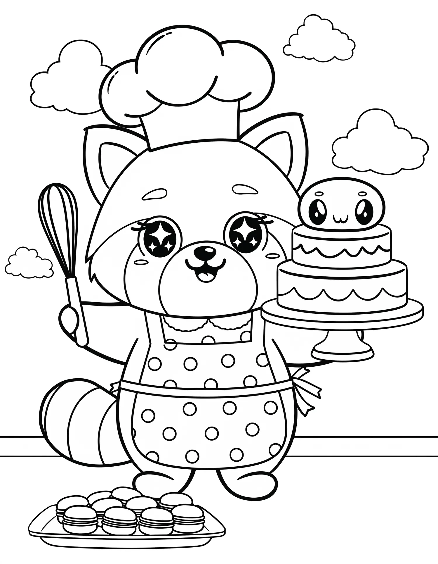 Panda Roux Kawaii Pâtissier - Coloriage kawaii à imprimer gratuitement